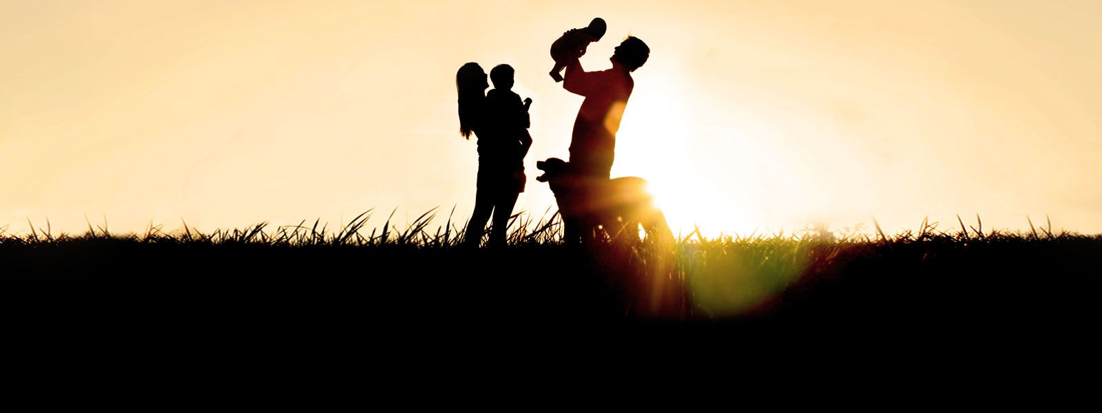 Silhouette of family in a field at sunrise.