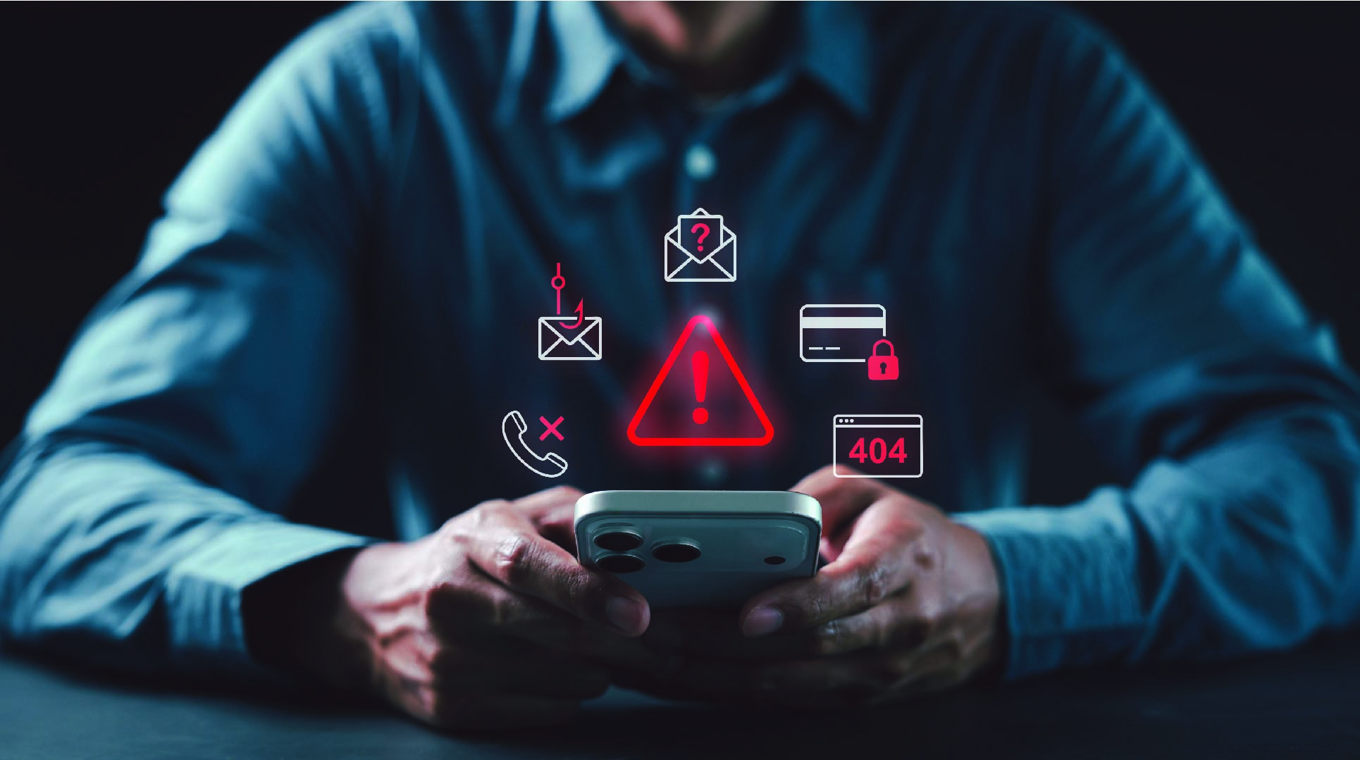 Man using mobile device with red warning icons floating around it.