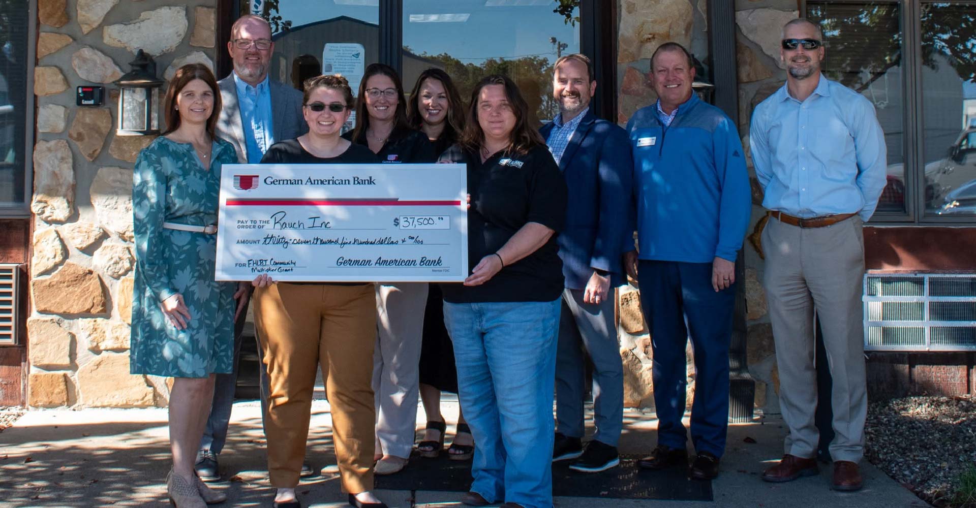 Check for $37,500 in fund awarded to Rauch, Inc. with several team members of German American Bank and Rauch.
